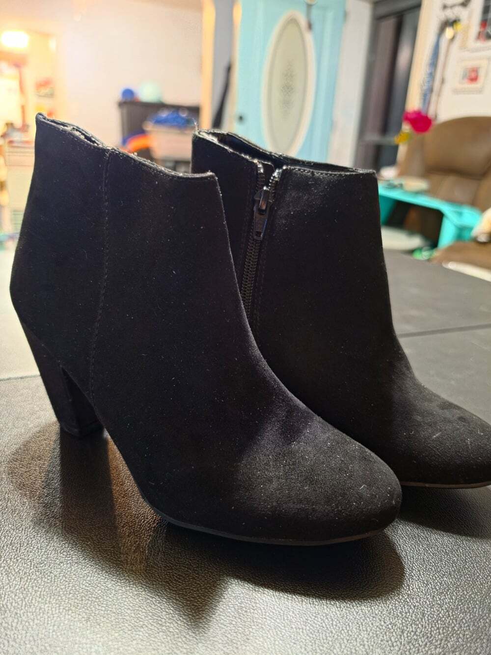 Express Women’s Black Textile Ankle Bootie Block Heel Side Zip Round Toe 6